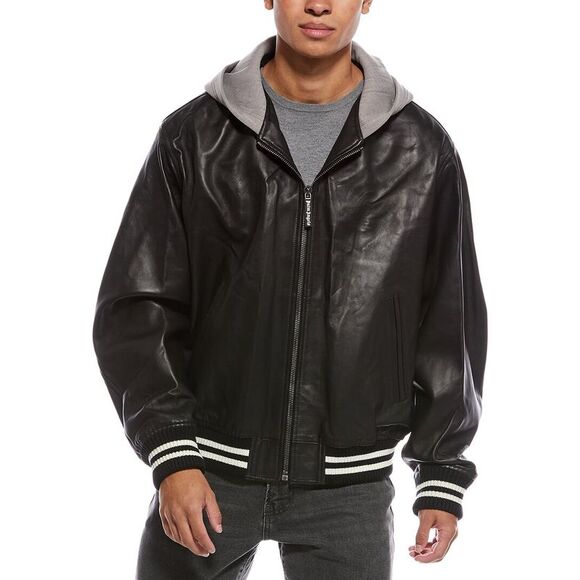 Palm Angels Other - Palm Angels Mens Curved Logo Leather Bomber Jacket, Black